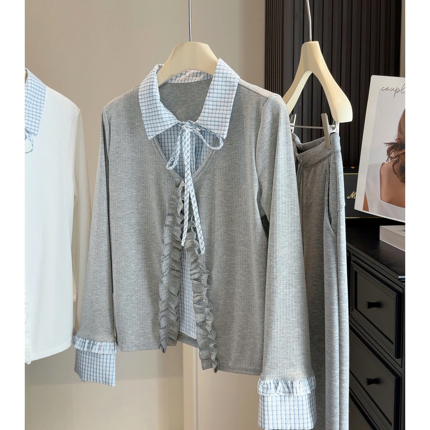 韩系设计感假两件针织拼接格子polo领衬衫女春季新款长袖内搭上衣