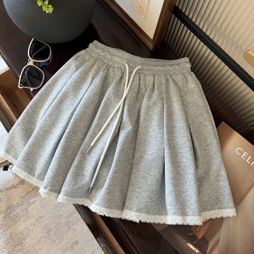 小个子蕾丝花边A字休闲运动半身裙女2026夏新款抽绳显瘦百褶短裙