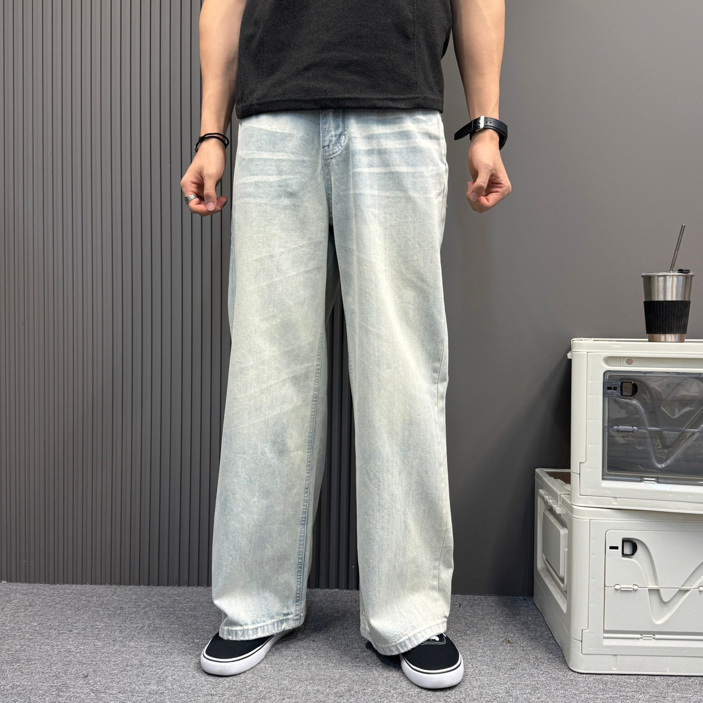 2026新季美式复古渐变浅色牛仔裤男女款直筒宽松做旧水洗垂感长裤