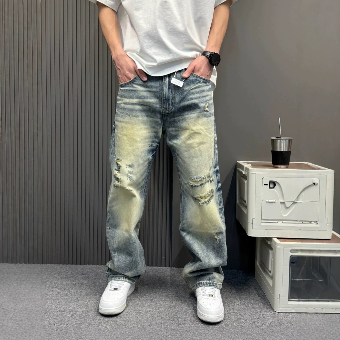 高街潮牌涂鸦印花牛仔裤男水洗做旧阔腿直筒宽松痞帅百搭拖地长裤