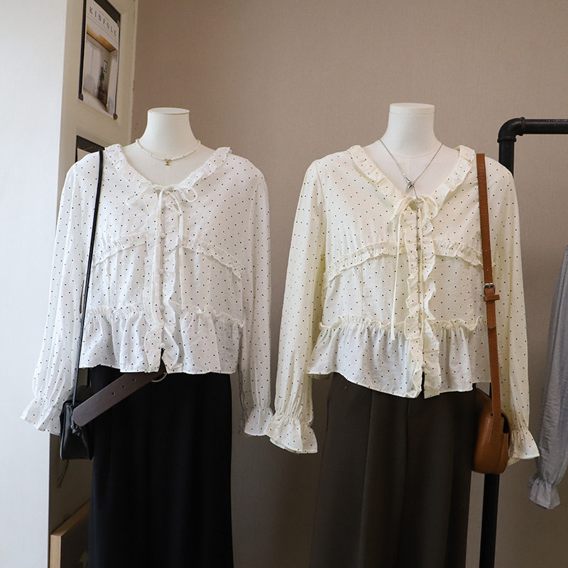 [比正]2026春季新款韩版法式V领波点洋气减龄短款长袖衬衫女5984