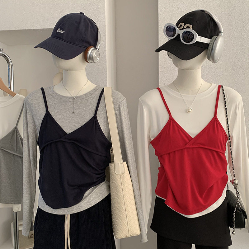 欧玛莱 韩系两件叠穿吊带背心+圆领长袖纯色T恤套装春季实拍 6279