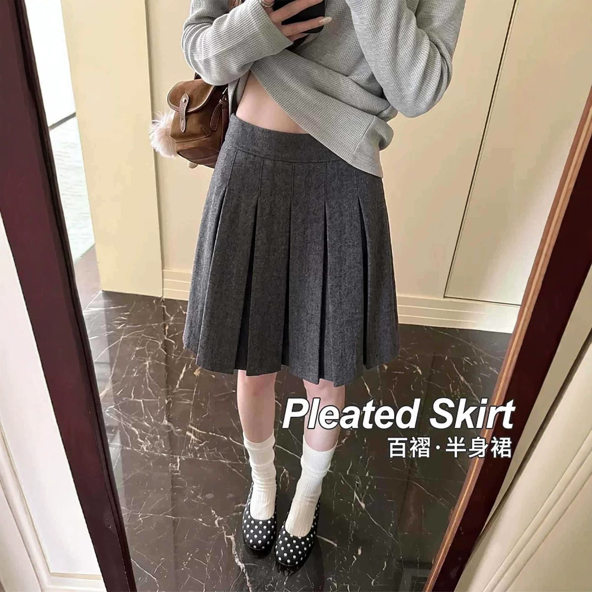 毛呢半身百褶裙女2026秋冬新品垂感百搭小个子显瘦宽松慵懒风短裙