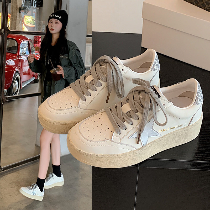 秋季新款厚底休闲鞋26小星星系列银尾黑尾做旧小脏鞋真皮小白鞋女