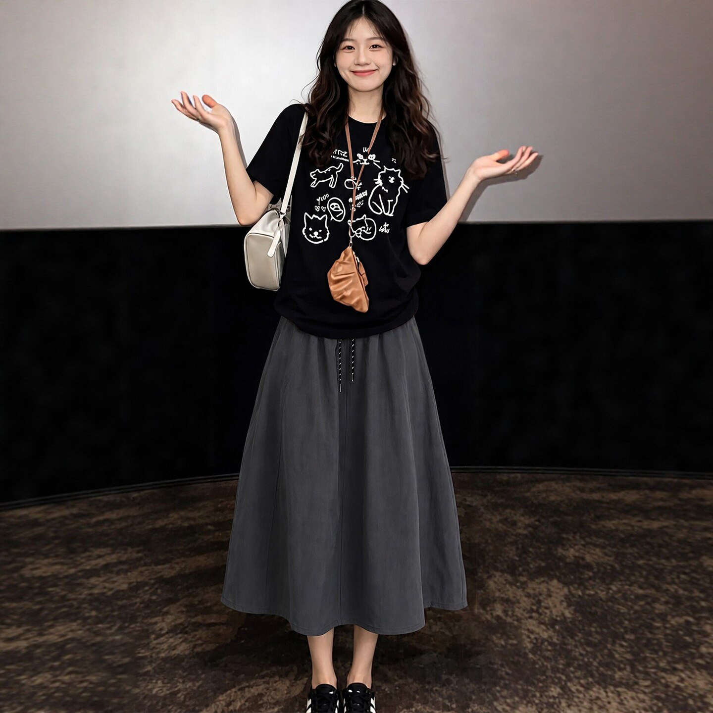 深灰色速干工装裙女夏2026新款高腰垂感南瓜伞裙小个子a字半身裙