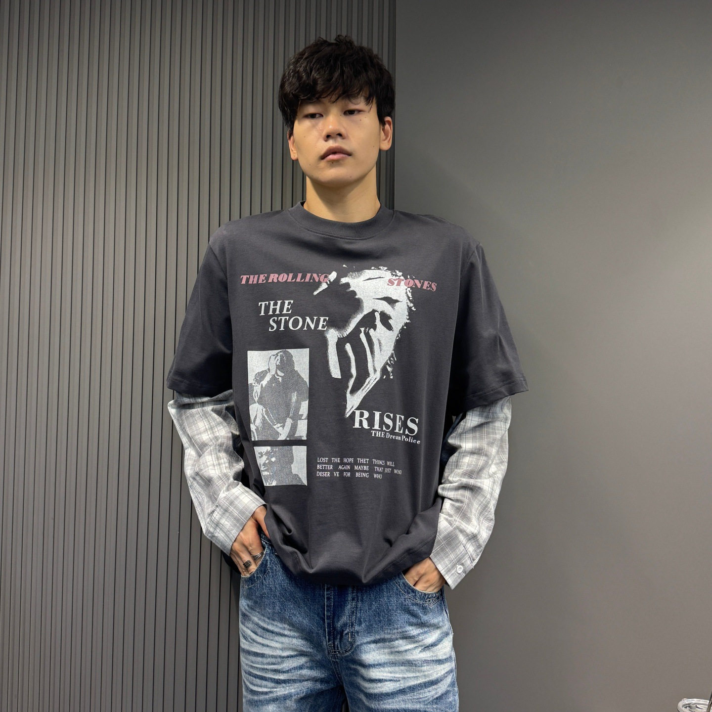 解构拼接字母印花假两件做旧水洗长袖T恤 男女情侣款小众休闲宽松