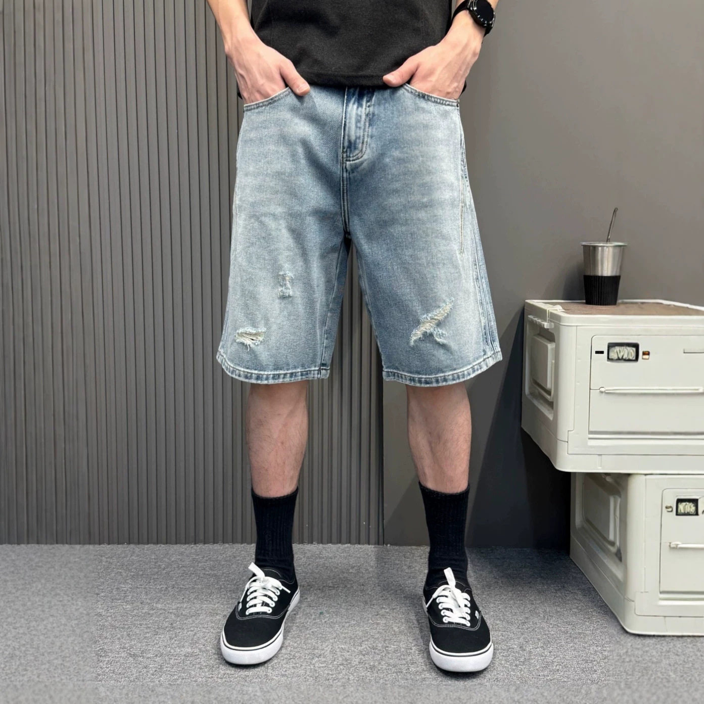 复古水洗浅蓝破洞牛仔短裤男痞帅高街宽松直筒五分潮牌休闲中裤