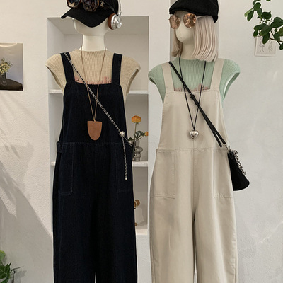 欧玛莱 休闲简约宽松背带裤女春季慵懒减龄纯色阔腿连体裤潮 6489