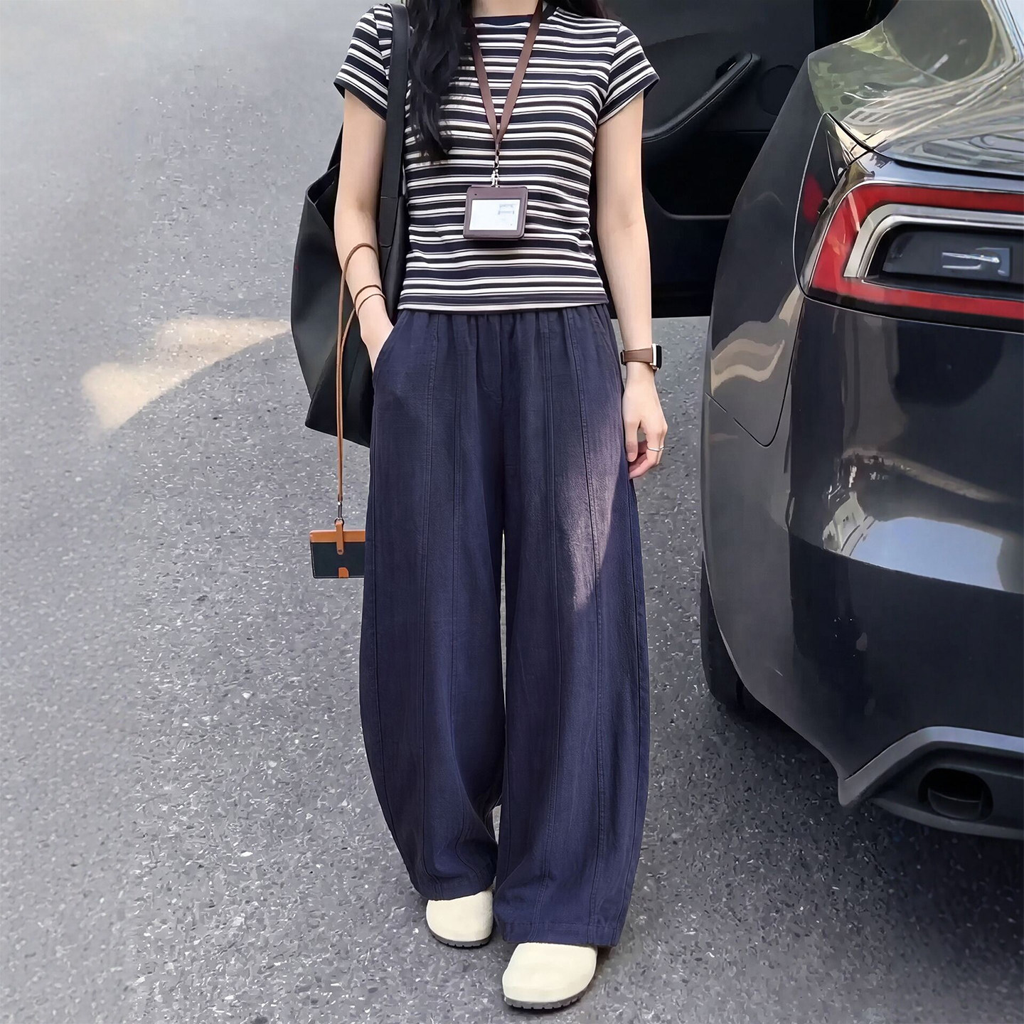 藏青色亚麻气球阔腿裤夏季薄女小个子宽松慵懒休闲棉麻九分弯刀裤