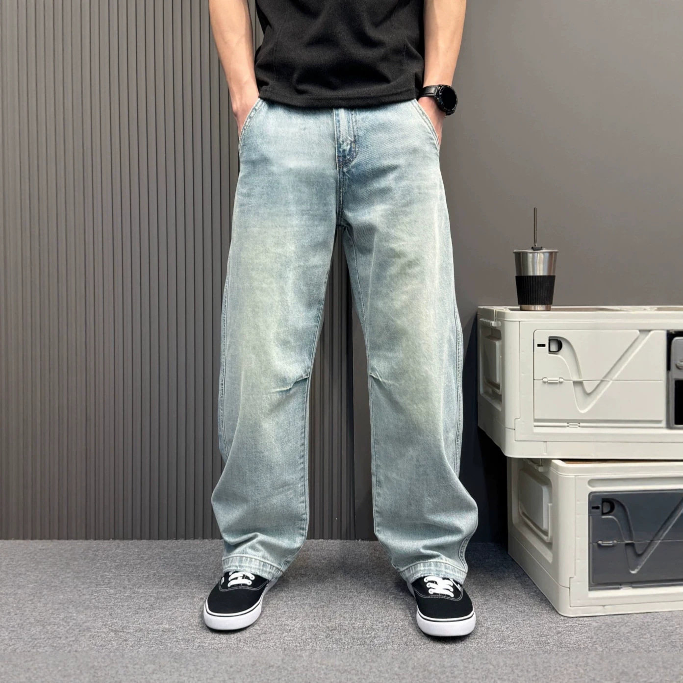 牛仔裤男浅蓝水洗立体剪裁阔腿直筒 Cleanfit 高街垂感拖地老爹裤
