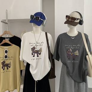 小马儿印花圆领宽松大码 休闲女装 中长款 T恤春季 潮6052 短袖 欧玛莱