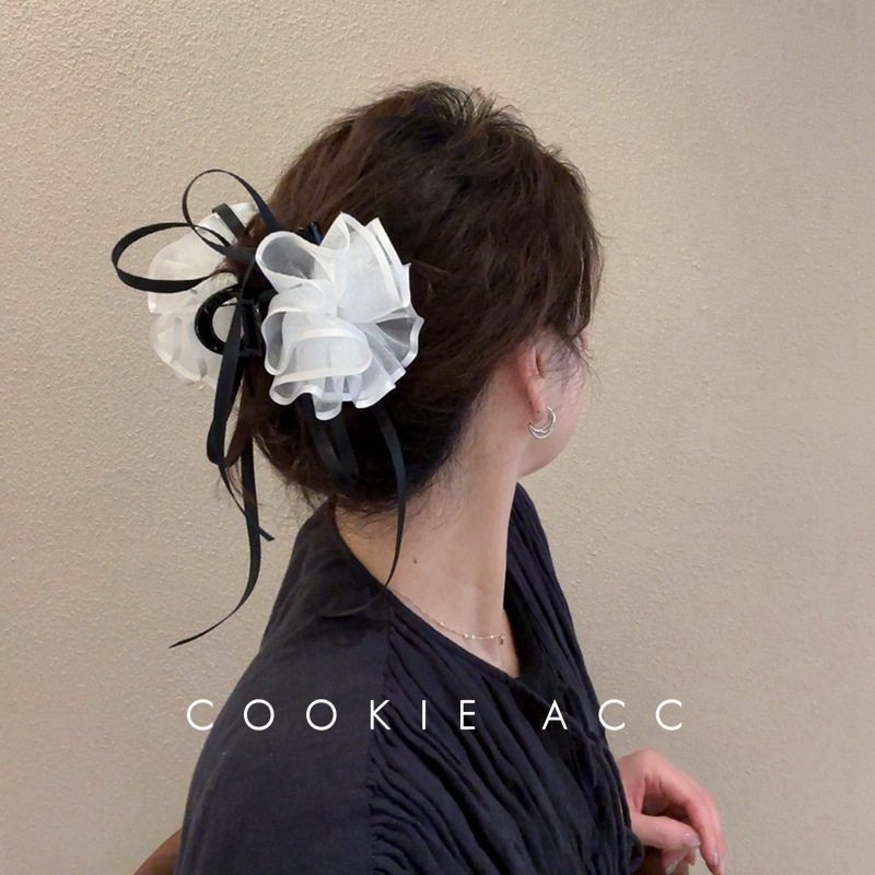 cookie饰品韩国洋气高级感粉色白色黑色欧根纱花苞造型抓夹发夹女