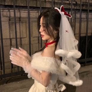 秋冬圣诞节头纱红色丝绒蝴蝶结白色节日派对拍照发饰在逃公主头饰