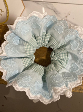 周美美Peony Pink芍药粉middot蓝色格子双层蕾丝发圈middotmini款