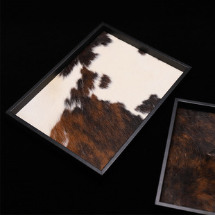创意黑色小牛纹皮革真马毛托盘文玩首饰收纳盘家居卧室艺术摆件