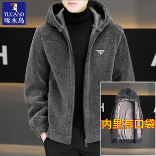 啄木鸟羊羔绒外套男秋冬季双面加绒加厚连帽男士夹克男款皮草外套