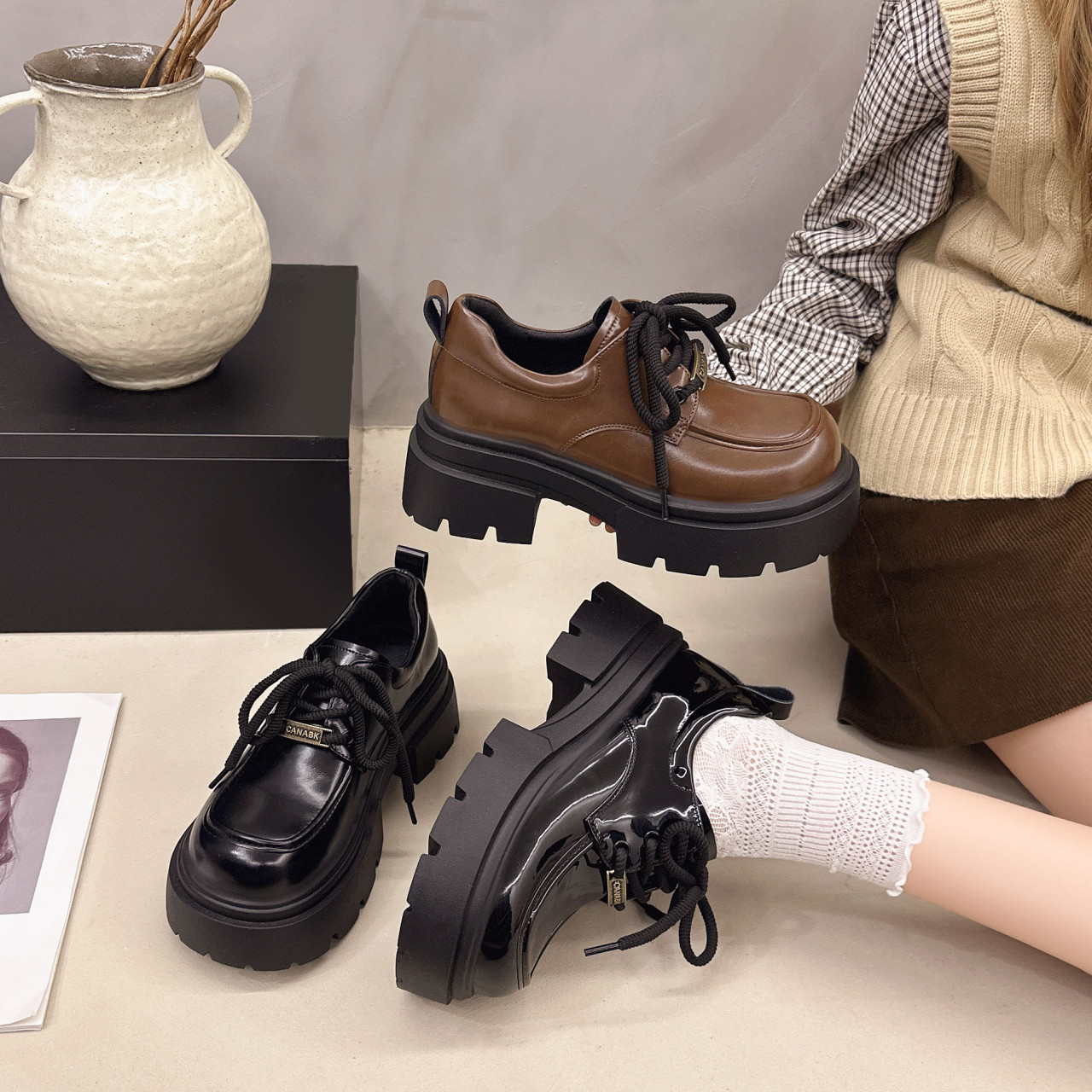 厚底小皮鞋女增高2025年新款中跟单鞋乐福鞋通勤系带工作鞋jk鞋子