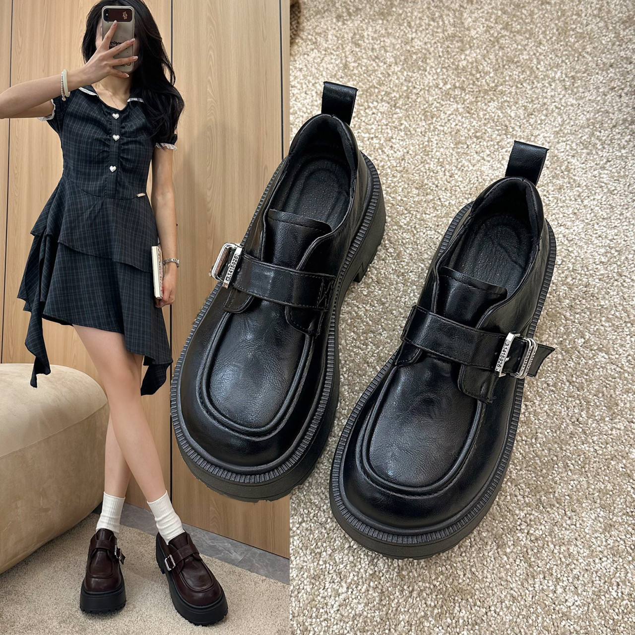 厚底小皮鞋女增高2026年春季新款乐福鞋通勤工作鞋jk鞋子粗跟单鞋