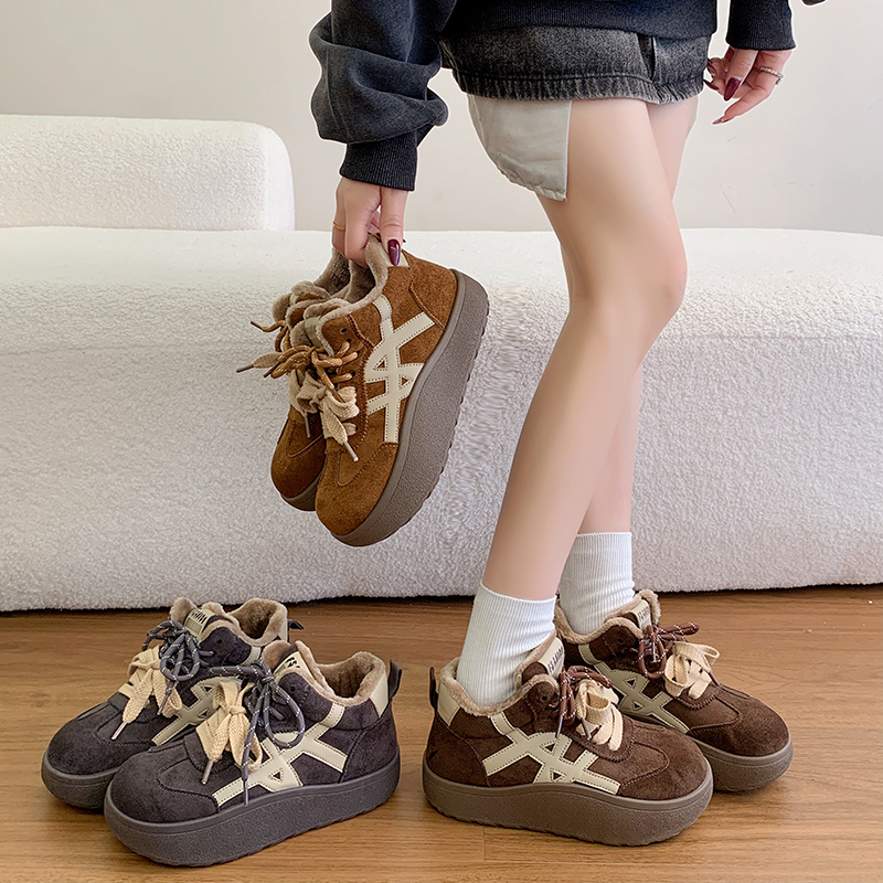 厚底德训鞋女秋冬加绒加棉2025年新款增高系带乐福鞋勃肯鞋子棉鞋