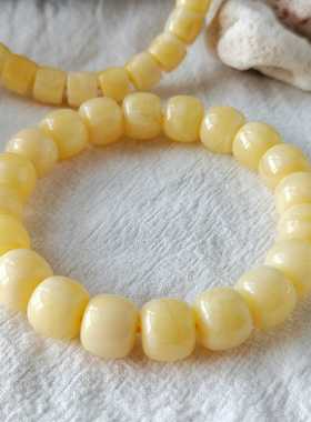 天然俄料黄白花蜜蜡女款手串老型桶珠满蜡琥珀佛珠原矿手链文玩