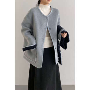 韩系复古感撞色双面呢大衣女2026春季 复古风正反两穿羊毛外套 新款