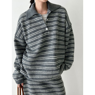 慵懒风条纹针织衫+半身裙套装