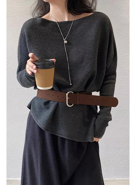 法式复古不规则斜肩上衣女配腰带2025新款秋冬韩系收腰打底针织衫