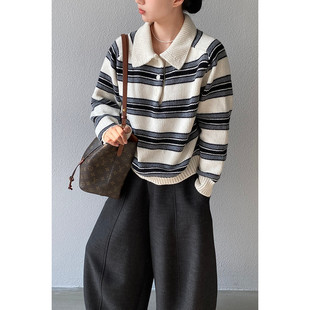 学院风宽松百搭针织上衣 新款 韩系条纹POLO领套头毛衣女款 2026春季