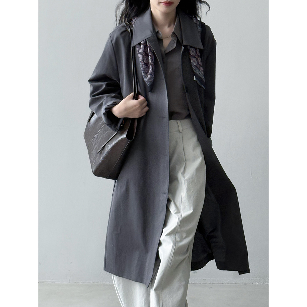 翻领长款单排扣风衣外套女