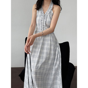 韩系格纹挂脖花边露背长裙女夏季 度假风气质收腰显瘦连衣裙 新款