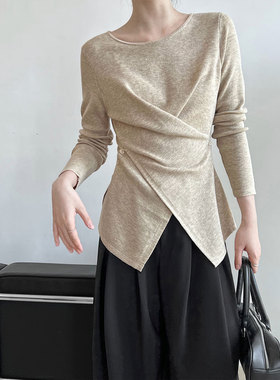 不规则下摆收腰打底衫女秋装新款韩系百搭显瘦圆领套头针织衫上衣