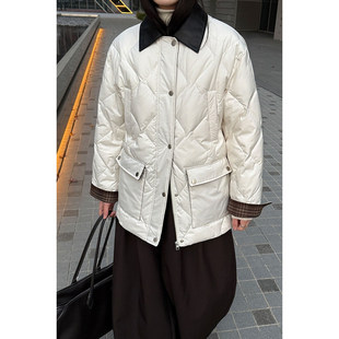复古风菱形格大绒朵90白鹅绒皮外套女2025秋冬新款 保暖翻领羽绒服