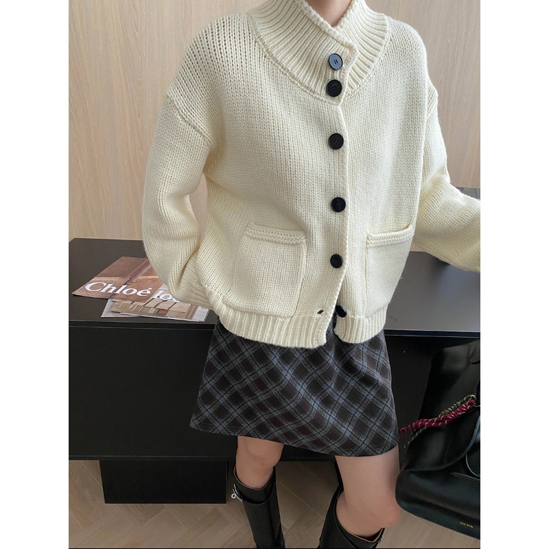 秋冬复古立领慵懒宽松毛衣外套女