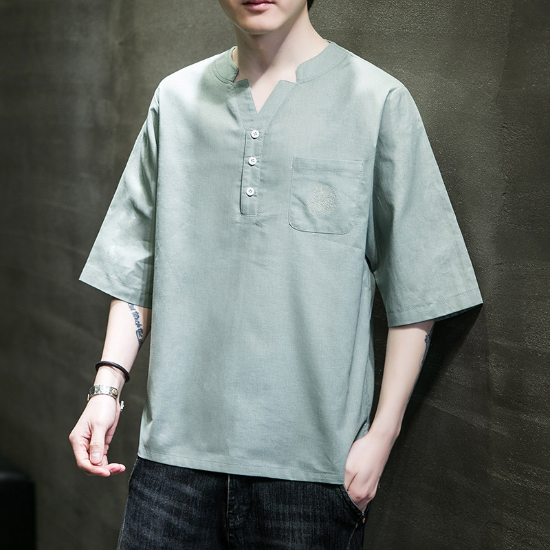 风新款夏装宽松大码棉麻短袖-DSA011-1-ST017-P55-浅绿,男装T恤,电商A011-1（原4007）
