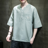 风新款夏装宽松大码棉麻短袖-DSA011-1-ST017-P55-浅绿，男装T恤，电商A011-1（原4007）