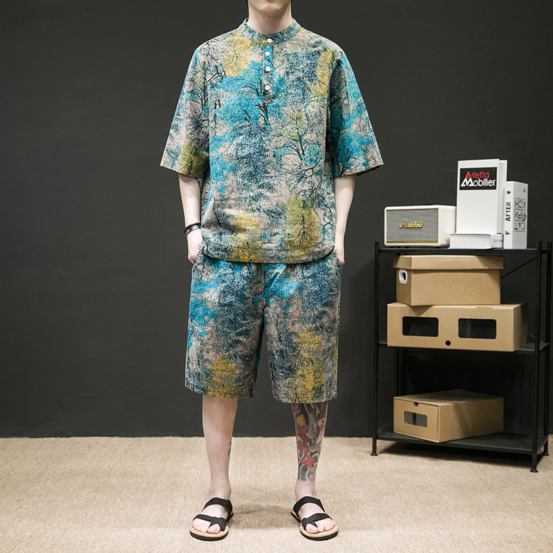 夏季潮流印花宽松大码男士套装-TZ021-P80-绿色,男装休闲套装,电商A011-1（原4007）