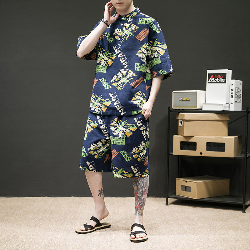 2025夏季潮流印花宽松大码男士套装-TZ021-P80藏青图片