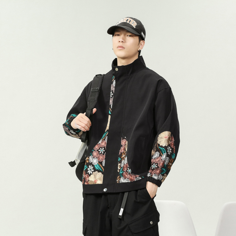 春秋季潮美式工装刺绣夹克冲锋衣外套男A011-1-HW1068-P85黑，男装夹克，电商A011-1（原4007）