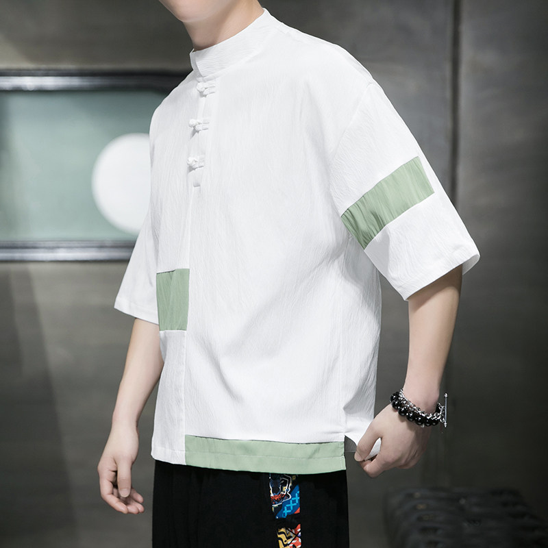 夏季唐装盘口男装民族风休闲时尚拼接宽松大码短袖HW1069-P50,男装T恤,电商A011-1（原4007）