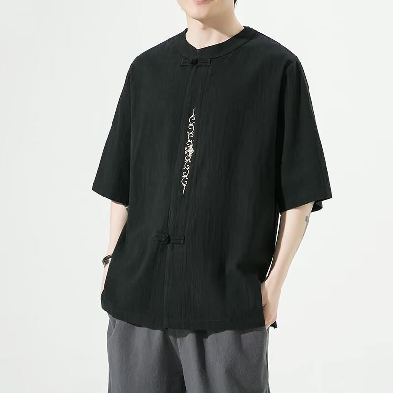 夏季风盘扣宽松大码暗扣刺绣棉麻短袖男装ST013-P55-黑,男装T恤,电商A011-1（原4007）