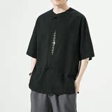 夏季风盘扣宽松大码暗扣刺绣棉麻短袖男装ST013-P55-黑，男装T恤，电商A011-1（原4007）