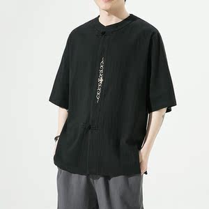 夏季风盘扣宽松大码暗扣刺绣棉麻短袖男装ST013-P55-黑图片