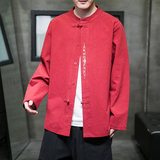 风新款秋季宽松大码棉麻刺绣长袖A011-1ST018红色-P65，男装卫衣，电商A011-1（原4007）