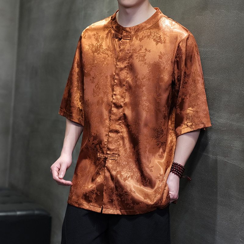 新款风宽松大码盘口提花潮夏季T恤ST052-P58-金色,男装T恤,电商A011-1（原4007）