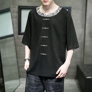 风新款夏装宽松大码棉麻刺绣短袖 ST015- P60-黑色图片