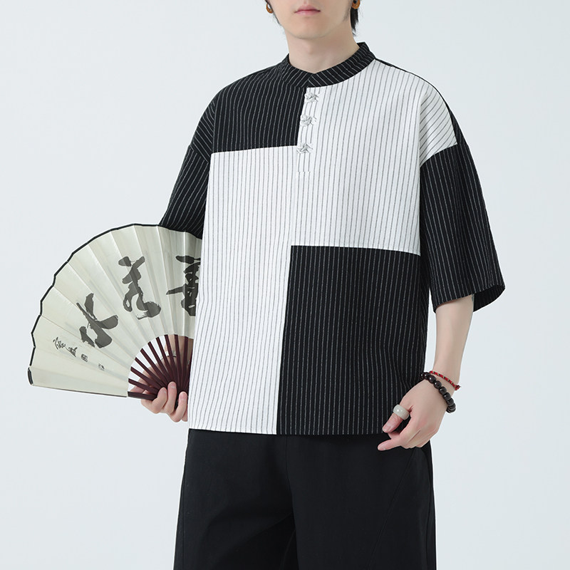 春夏风男装拼色亚麻宽松大码短袖A011-1-ST033-P55黑色,男装T恤,电商A011-1（原4007）