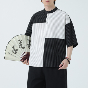 春夏风男装拼色亚麻宽松大码短袖A011-1-ST033-P55黑色图片