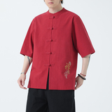 春夏风男装宽松大码盘扣纯色短袖A011-1-ST010-P58-红，男装T恤，电商A011-1（原4007）