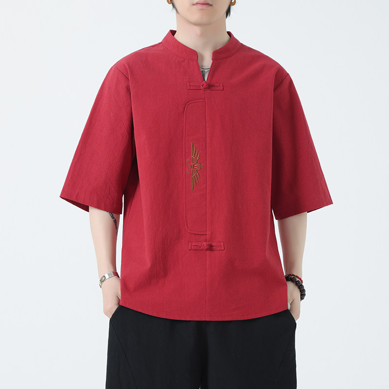 新款风男装刺绣宽松大码短袖-DSA011-1-ST035-P55-红,男装T恤,电商A011-1（原4007）