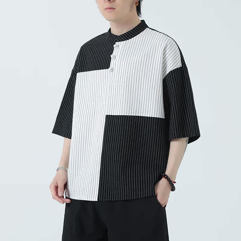 春夏风男装拼色亚麻宽松大码短袖DSA011-1-ST033-P55-白,男装T恤,电商A011-1（原4007）
